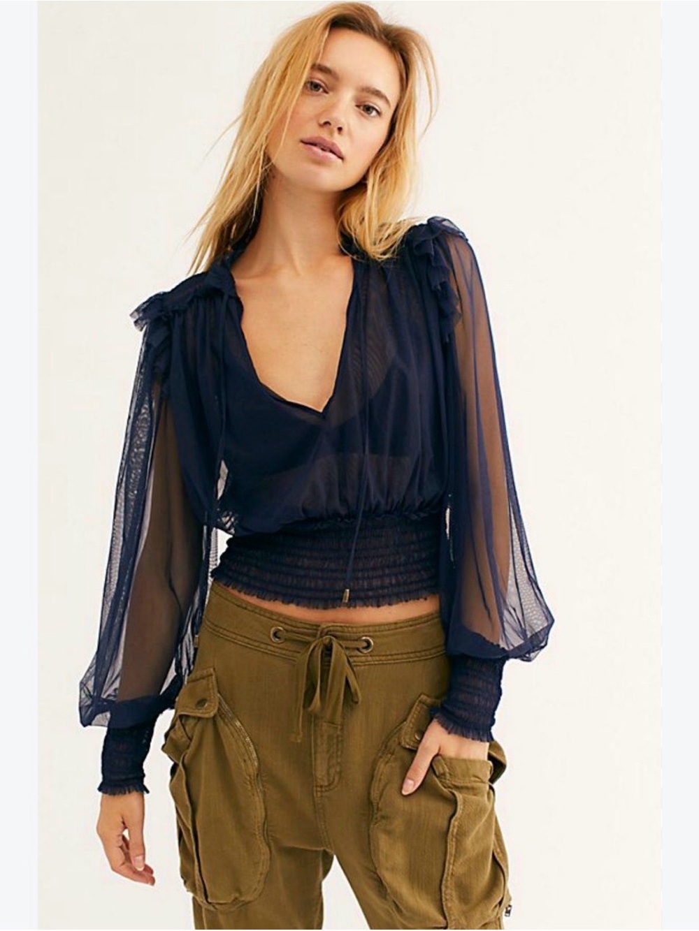Free People Twila Sheer Net Tulle Cropped Blouse Indigo Lost Blue Boho Size Smal